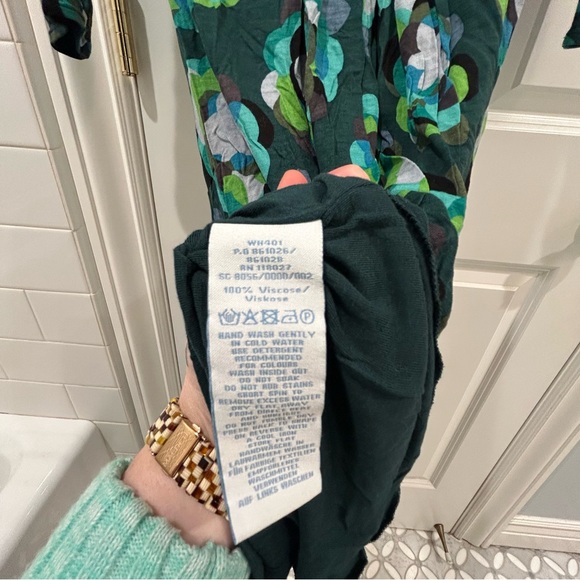 Boden Green Blue Abstract Floral Jersey Faux Wrap Midi Dress Sz 4P 3/4 Sleeve - Picture 8 of 9